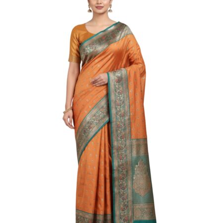 Heritage Glow Katan Silk Embroidered Saree in Saffron Radiance