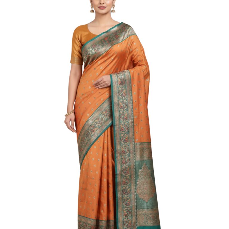 Heritage Glow Katan Silk Embroidered Saree in Saffron Radiance