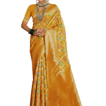 Pure Kanjivaram Silk Saree – Yellow with Multicolor Floral Motifs