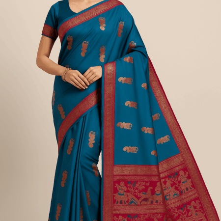Pure Baluchari Silk Saree – Teal Blue with Red Border