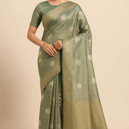 Premium Silk Tissue Saree – Muted Green with Golden Sheen