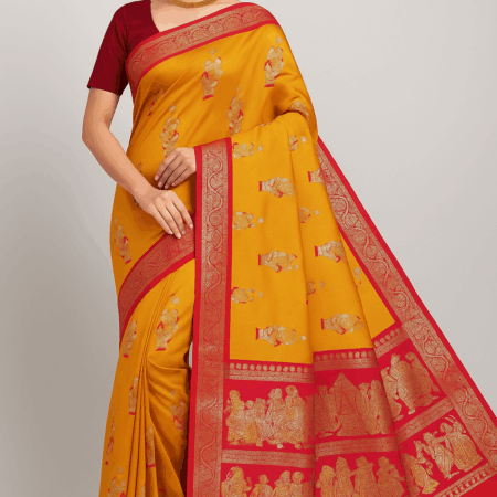 Pure Baluchari Silk Saree – Mustard Yellow with Red Border