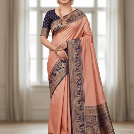 Pure Baluchari Silk Saree – Peach with Navy Blue Border