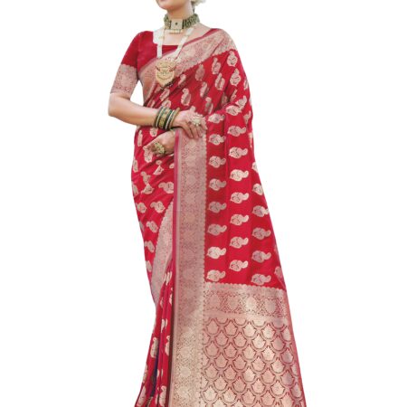 Women's Banarasi Silk Jaal Katan Zari Work Dual Tone Saree With Blouse Piece - Red