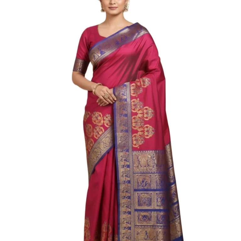 Premium Baluchari Pure Silk Saree – Magenta with Royal Blue Border & Golden Motifs