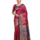 Premium Baluchari Pure Silk Saree – Magenta with Royal Blue Border & Golden Motifs