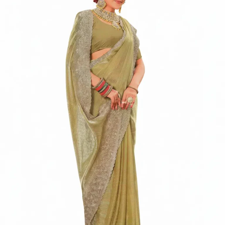 Jimmy Choo-Inspired Designer Silk Saree – Greenish Gold with Intricate Embroidery