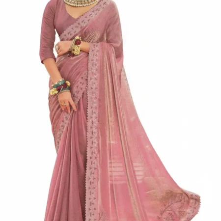 Jimmy Choo-Inspired Designer Silk Saree – Soft Pink with Golden Embroidery