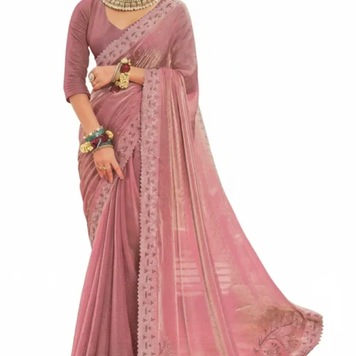 Jimmy Choo-Inspired Designer Silk Saree – Soft Pink with Golden Embroidery
