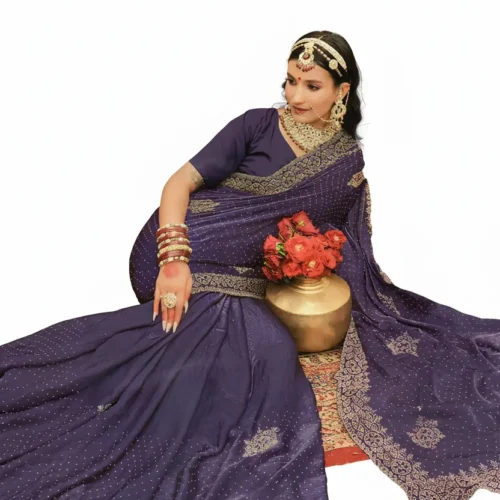 Jimmy Choo-Inspired Designer Silk Saree – Deep Purple with Golden Embroidery