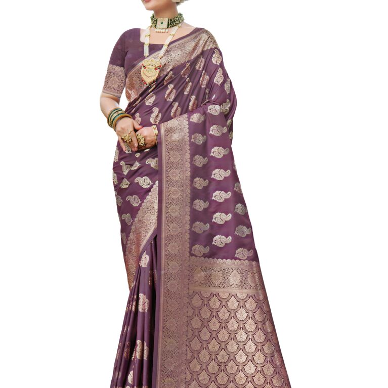 Women's Banarasi Silk Jaal Katan Zari Work Dual Tone Saree With Blouse Piece - Purple