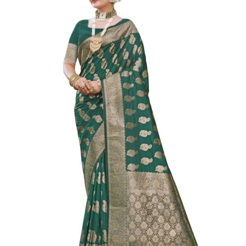 Women's Banarasi Silk Jaal Katan Zari Work Dual Tone Saree With Blouse Piece - Green