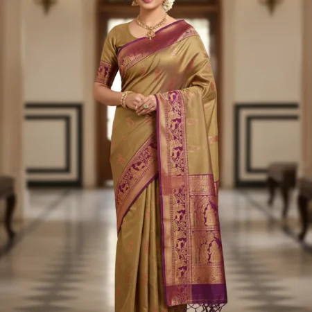 Rajeswari Boutiques Golden Blauchari Silk Saree with Maroon & Purple Motifs
