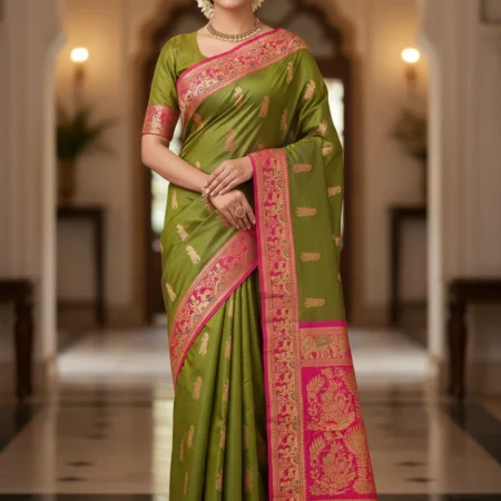 Rajeswari Boutiques Olive Green Baluchari Silk Saree with Pink & Gold Embroidery