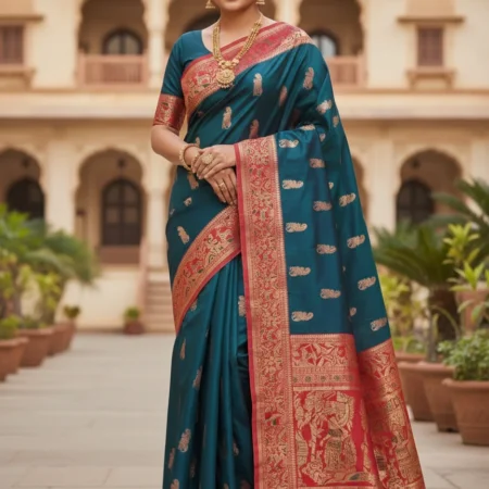 Rajeswari Boutiques Teal Baluchari Silk Saree with Red & Gold Heritage Border