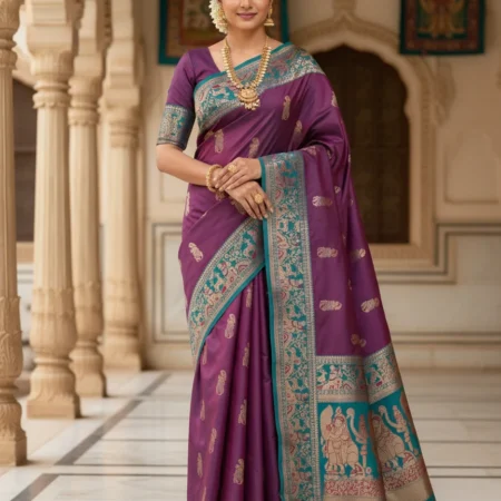 Rajeswari Boutiques Royal Purple Baluchari Silk Saree with Golden & Teal Temple Motifs