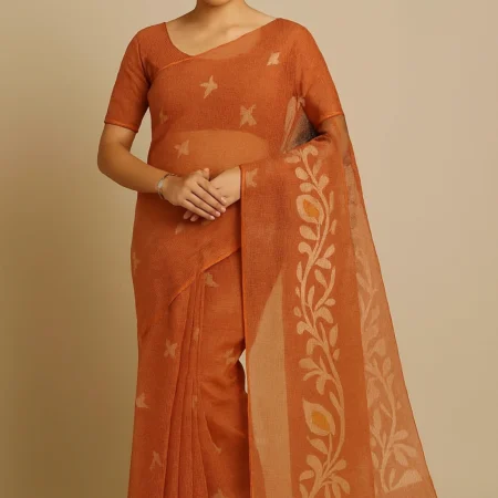Rajeswari Boutiques – Floral Print Handloom Muslin Saree in Rust-Orange with Yellow Tassels