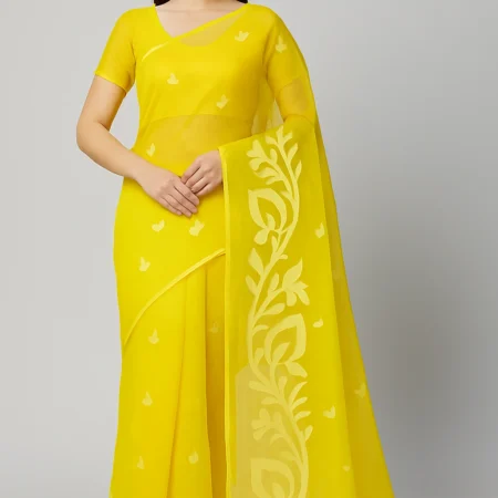 Rajeswari Boutiques – Bright Yellow Floral Print Handloom Muslin Saree with Heart Motifs & Leafy Vine Pallu