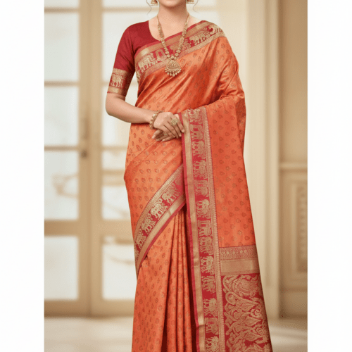 Rajeswari Boutiques – Paisley Kanjivaram Pure Silk Saree in Orange & Red with Golden Motifs
