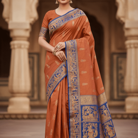 Rajeswari Boutiques – Rust-Orange Baluchari Saree with Blue & Gold Embroidery