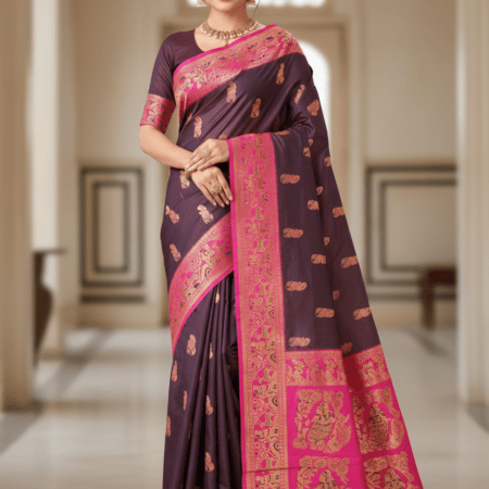 Rajeswari Boutiques – Regal Purple & Pink Baluchari Saree with Golden Motifs