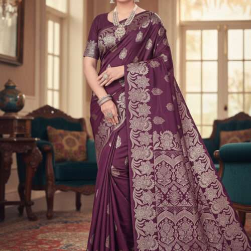 Rajeswari Boutiques – Royal Purple Kanjivaram Silk Saree with Golden Paisley & Floral Embroidery