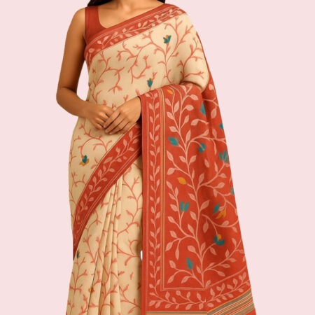 Rajeswari Boutiques – Bonolota Floral Print Handloom Cotton Blend Muslin Saree in Cream with Rust-Orange Border
