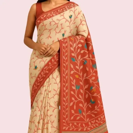 Rajeswari Boutiques – Bonolota Floral Print Handloom Cotton Blend Muslin Saree in Cream with Rust-Orange Border