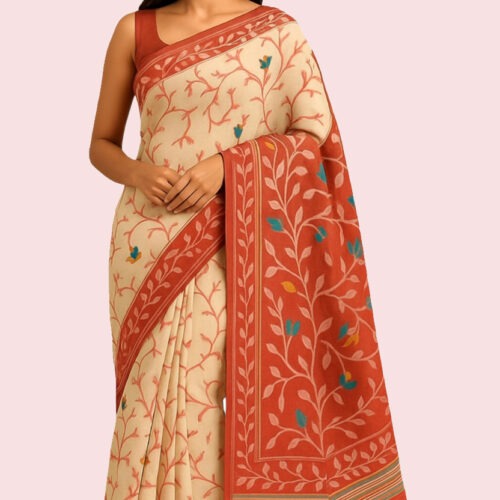 Rajeswari Boutiques – Bonolota Floral Print Handloom Cotton Blend Muslin Saree in Cream with Rust-Orange Border