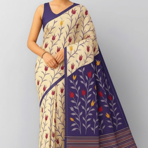 Rajeswari Boutiques – Bonolota Floral Print Handloom Cotton Blend Muslin Saree in Cream & Purple Border