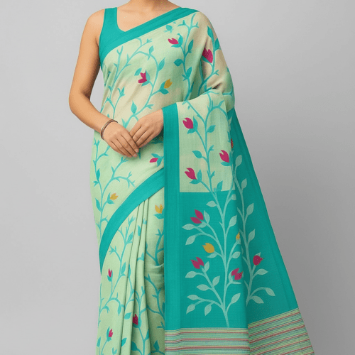 Rajeswari Boutiques – Bonolota Floral Print Handloom Cotton Blend Muslin Saree in Light Green with Turquoise Border