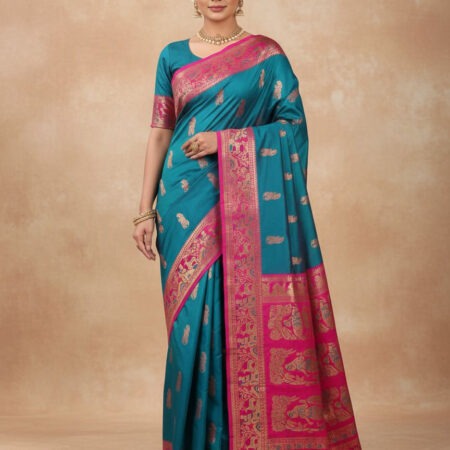 Rajeswari Boutiques – Teal Blue Baluchari Silk Saree with Magenta Border & Golden Motifs