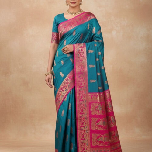 Rajeswari Boutiques – Teal Blue Baluchari Silk Saree with Magenta Border & Golden Motifs